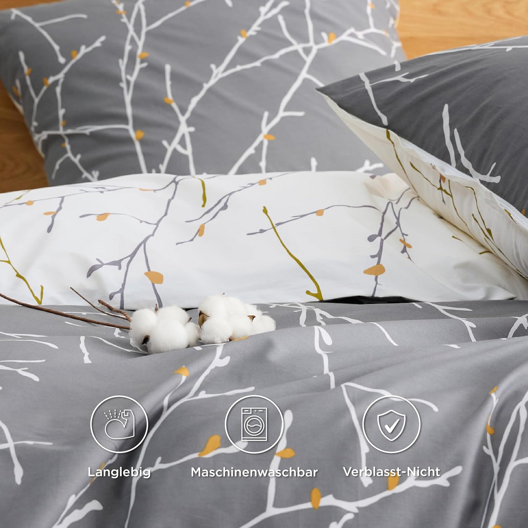 BEDSURE Bettwäsche 220x240 Baumwolle Grau - Bettwäsche-Sets 220 x 240 cm Bettbezug 3teilig mit 2 Kis