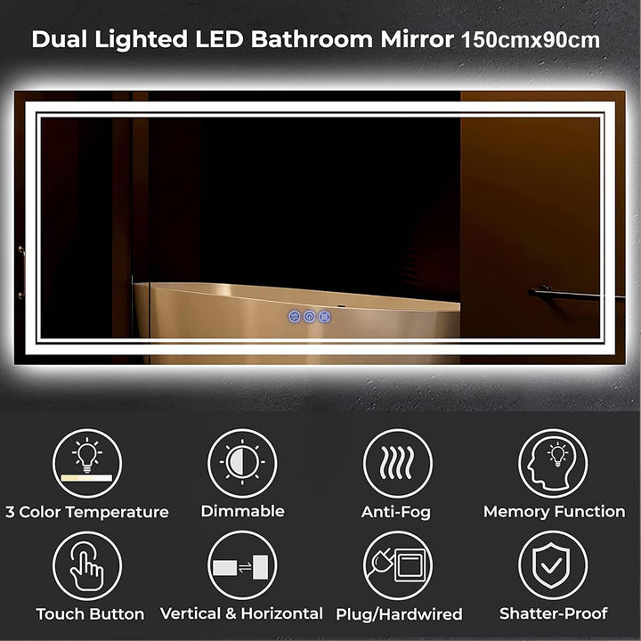 Badspiegel mit Beleuchtung 150x90cm, Badezimmerspiegel Wandspiegel und Touch-Schalter, IP65-Led-Spie
