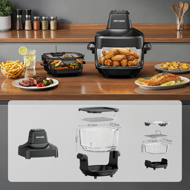 AIRMSEN Heissluftfritteuse 4,5L + 1,2L Doppelbehälter, 1500W Air Fryer Heissluftfritteuse 60–230°C,