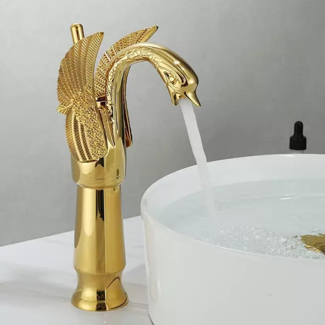 Einzigartiger Schwan Wasserhahn Bad Gold, Hohe Waschtischarmatur für Aufsatzwaschbecken, Retro Vinta