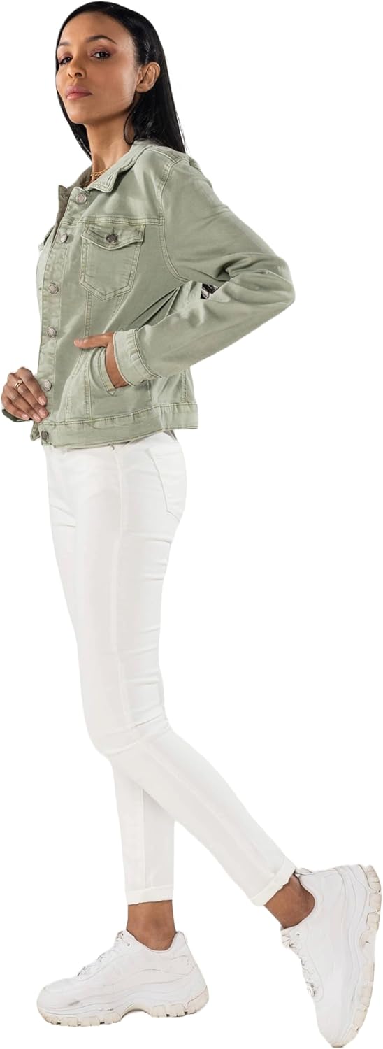 Nina Carter J212 Damen Slim-Fit Jeansjacke – Farbige Übergangsjacke mit Kent-Kragen und Taschen – Fr