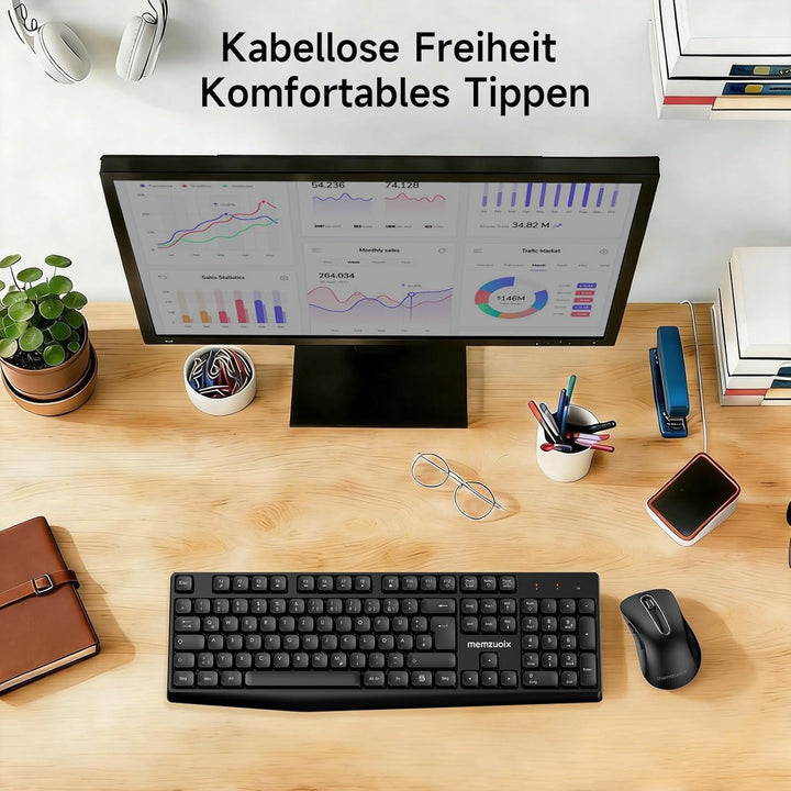 QWERTZ Kabelloses Tastatur Maus Set, Full Size 105-Tasten Tastatur mit Nummernblock, 2.4GHz Funk mit
