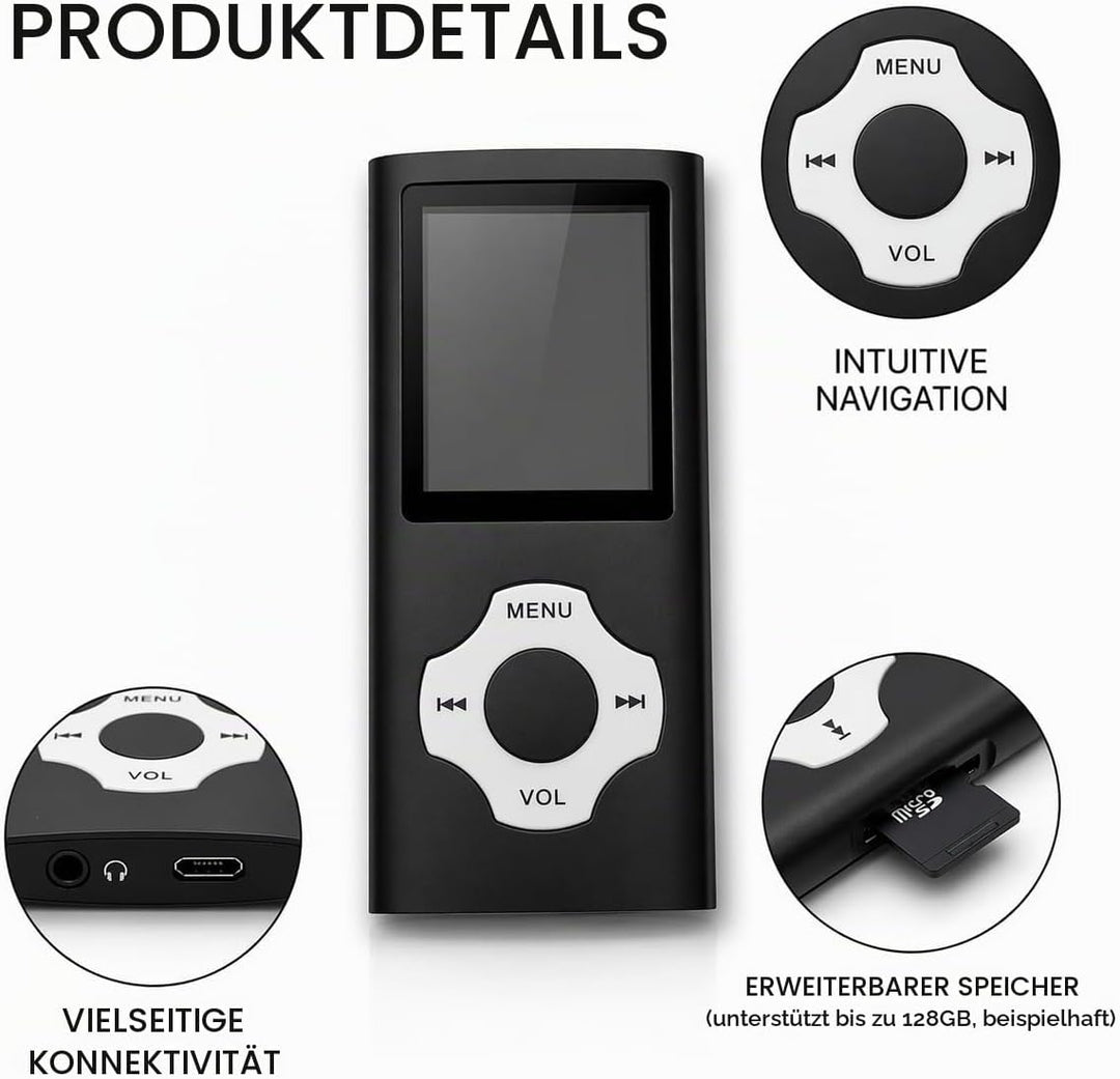 MP3 Player 32GB mit MicroSD Karte, Tragbarer MP4 Musik Player mit 1,8 Zoll Farbdisplay, HiFi Musikpl