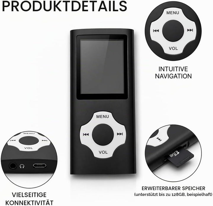 MP3 Player 32GB mit MicroSD Karte, Tragbarer MP4 Musik Player mit 1,8 Zoll Farbdisplay, HiFi Musikpl