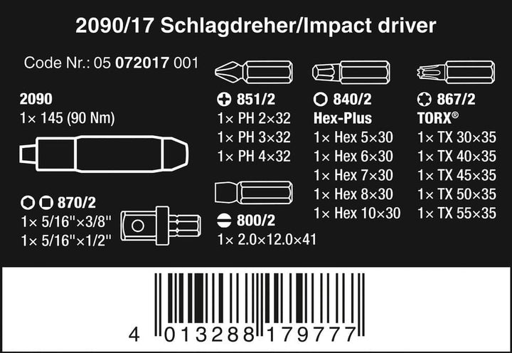 Wera 05072017001 Schlagschraubendreher-Satz 2090/17, 90 Nm, 5/16 Zoll, 17-teilig