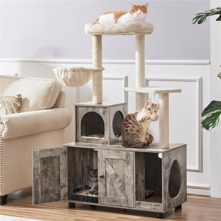 Yaheetech Katzenbaum mit Katzenklo Schrank, 134,5 cm hoch, All-in-One Kratzbaum mit Höhle Plattform