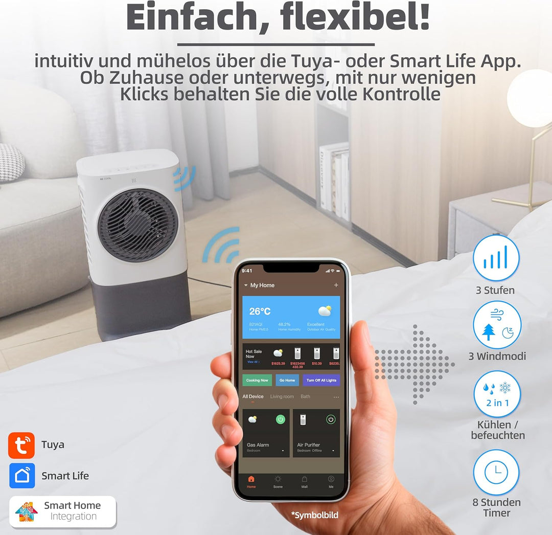 BE COOL Premium Luftkühler BC6ACP2501W mit WiFi, 6,5L Wassertank, 340 m³/h Luftleistung, Timer, Fern