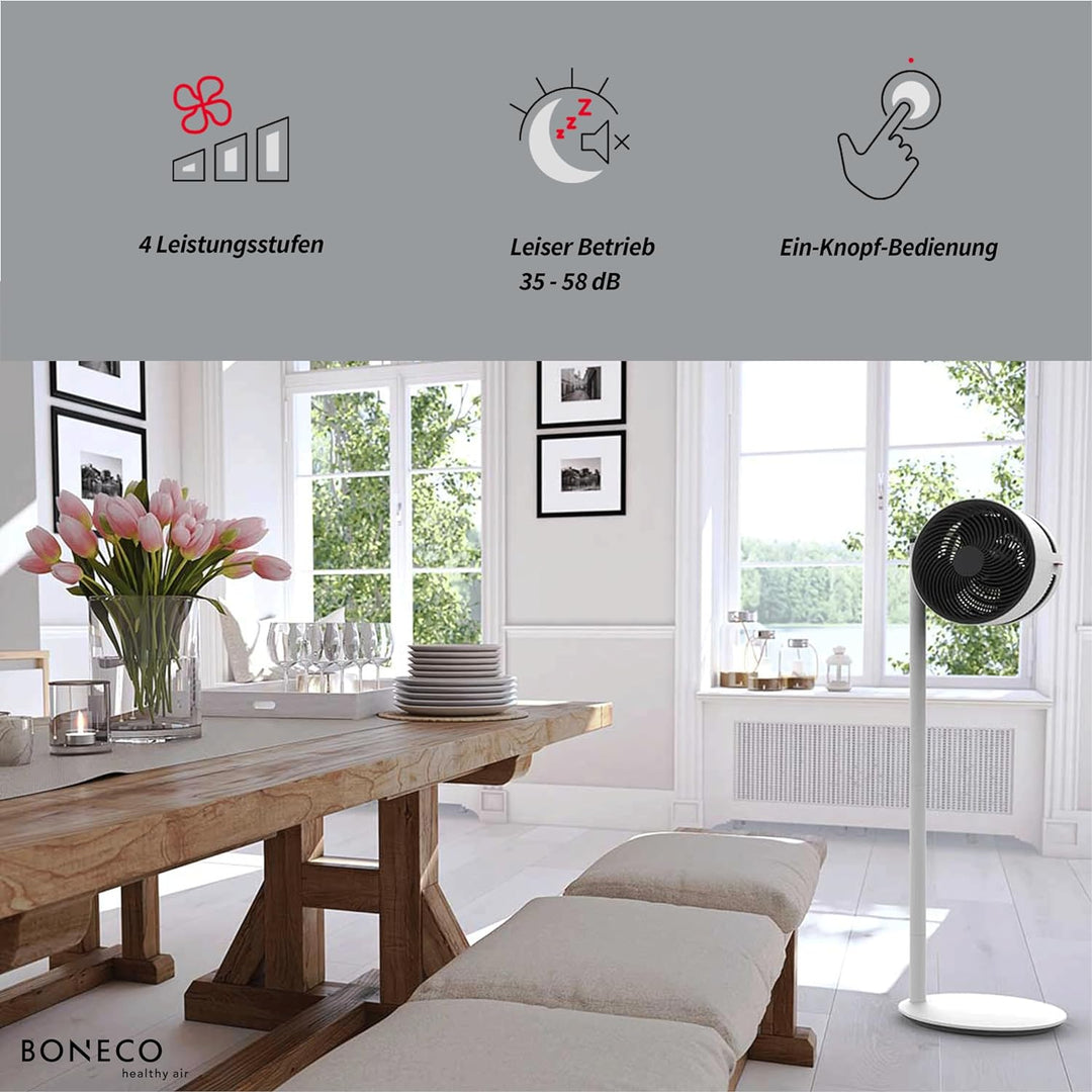 BONECO Air Shower Ventilator F230 – höhenverstellbarer Standventilator mit 4 Leistungsstufen – kippb