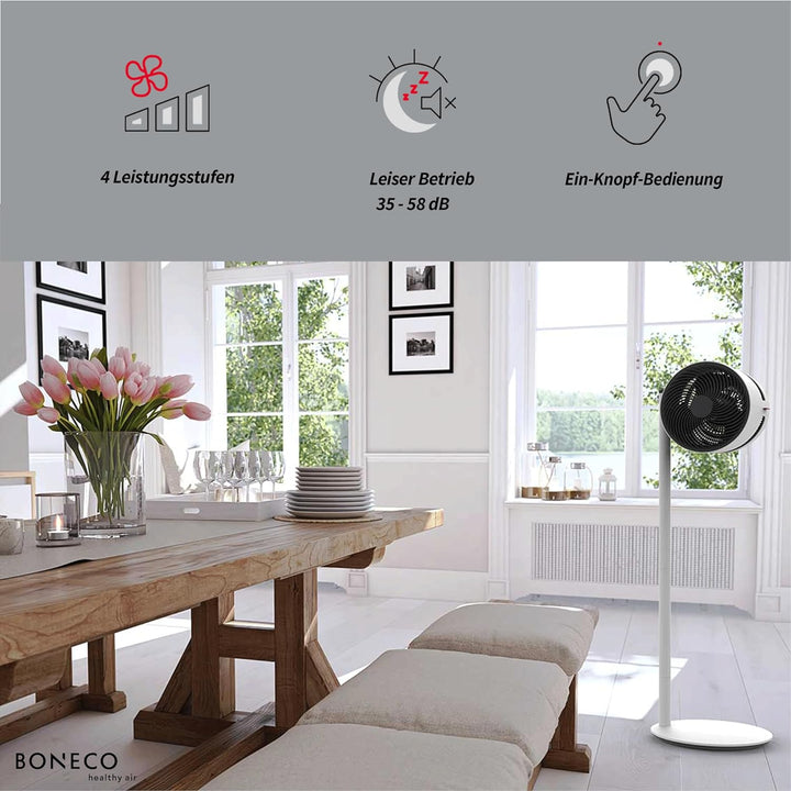 BONECO Air Shower Ventilator F230 – höhenverstellbarer Standventilator mit 4 Leistungsstufen – kippb