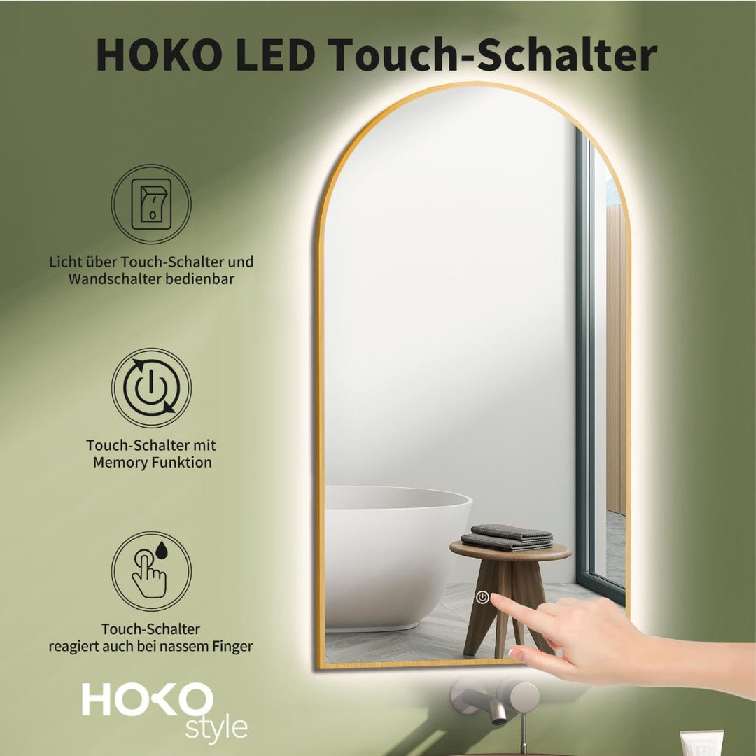 HOKO® Bogen LED Badspiegel 50x90 cm / 90x50 cm Oakland mit Goldener Metallrahmen, HOCH+QUER Montage.