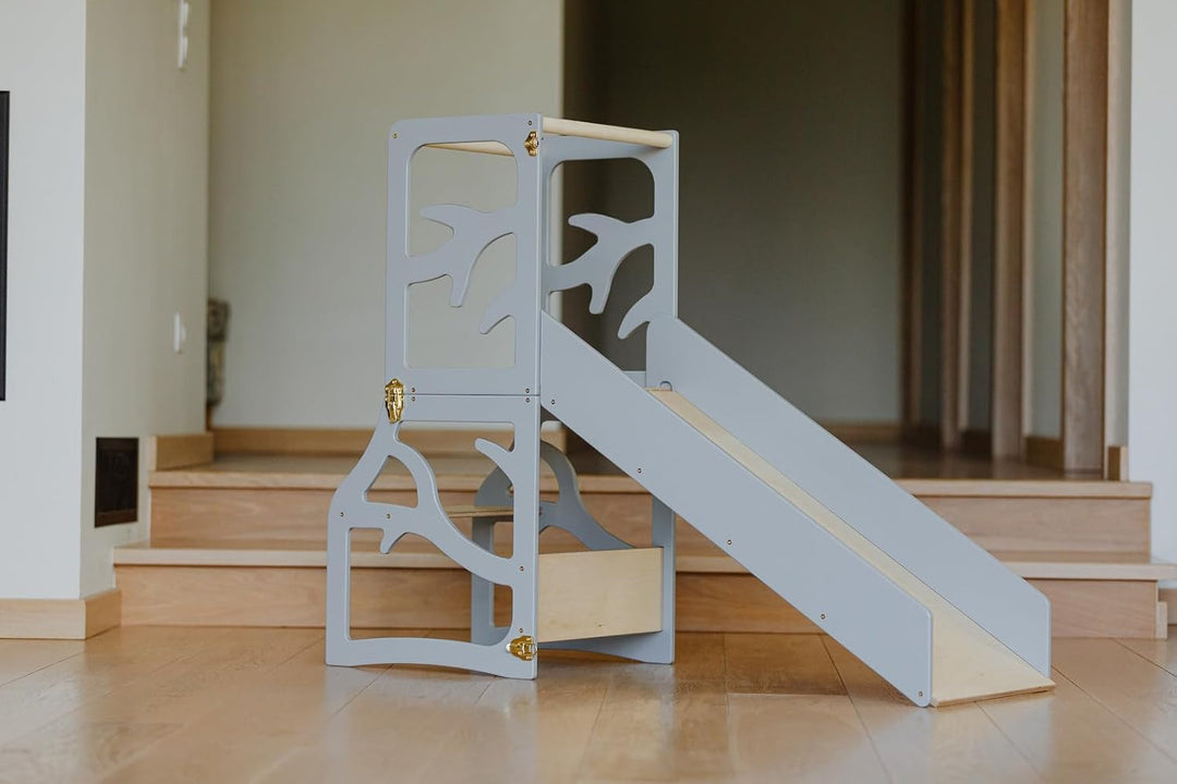 Weco Montessori Kinder Lernturm 3 in 1 Baum Design mit Rutsche und Tritthocker FSC Zertifikat Schrei