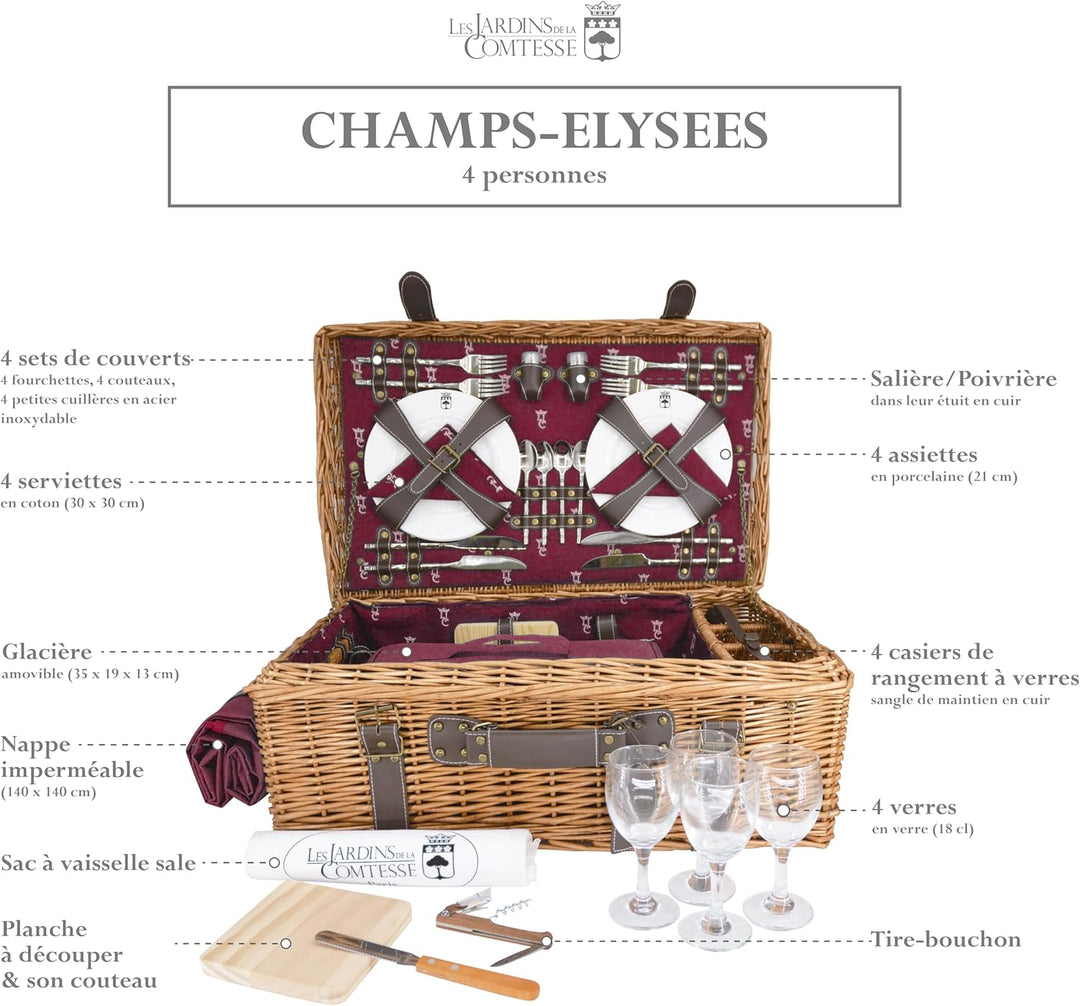Les Jardins de la Comtesse - Picknickkoffer aus Weide und Leder Champs-Elysées Bordeaux - 4 Personen