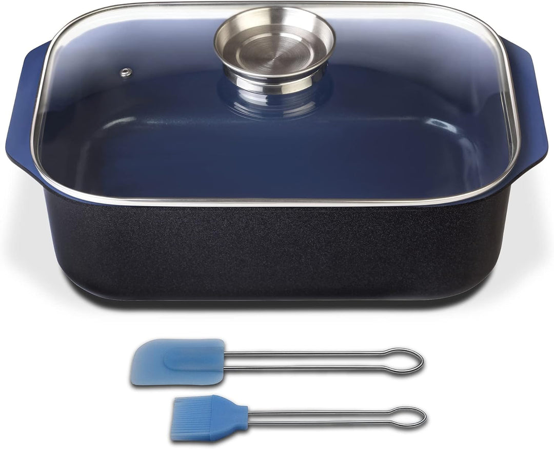 GSW 800419 Ceramica Kobaltblau Induktion Rechteckbräter mit Aroma-Glasdeckel 40x26x11cm / ca. 8,0 Li