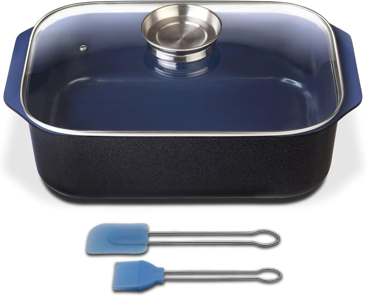 GSW 800419 Ceramica Kobaltblau Induktion Rechteckbräter mit Aroma-Glasdeckel 40x26x11cm / ca. 8,0 Li