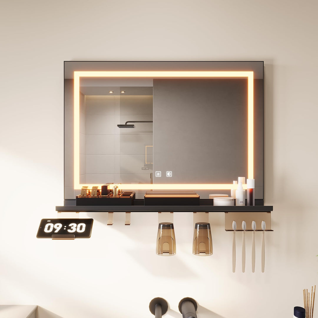 SONNI Badspiegel mit Beleuchtung 70x50cm + 70cm Ablage, Touch Badezimmerspiegel 3 Lichtfarben, Anti-