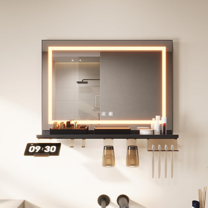 SONNI Badspiegel mit Beleuchtung 70x50cm + 70cm Ablage, Touch Badezimmerspiegel 3 Lichtfarben, Anti-