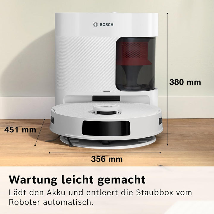 Bosch Spotless + BCRD1W Saugroboter mit Wischfunktion, 11.000 Pa Saugkraft, Wischpad, Trocken-Servic