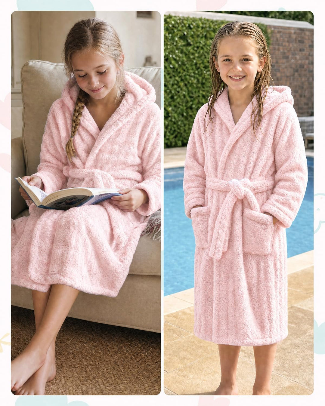 JiAmy Kinder Fleece Bademantel mit Kapuze | Weich Saugfähig kinderbademantel mit Taschen und Bindegü