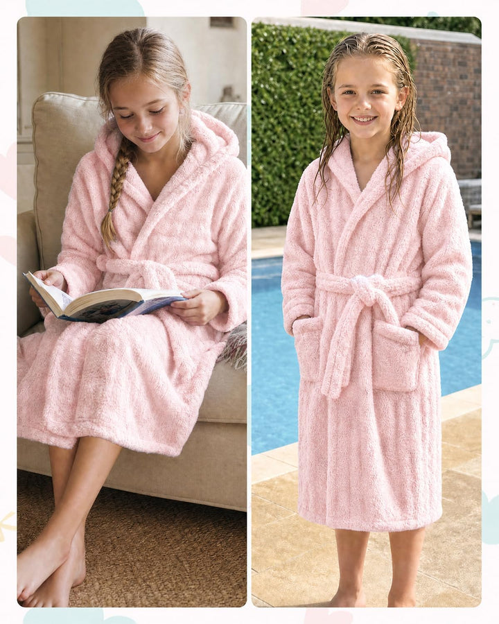 JiAmy Kinder Fleece Bademantel mit Kapuze | Weich Saugfähig kinderbademantel mit Taschen und Bindegü