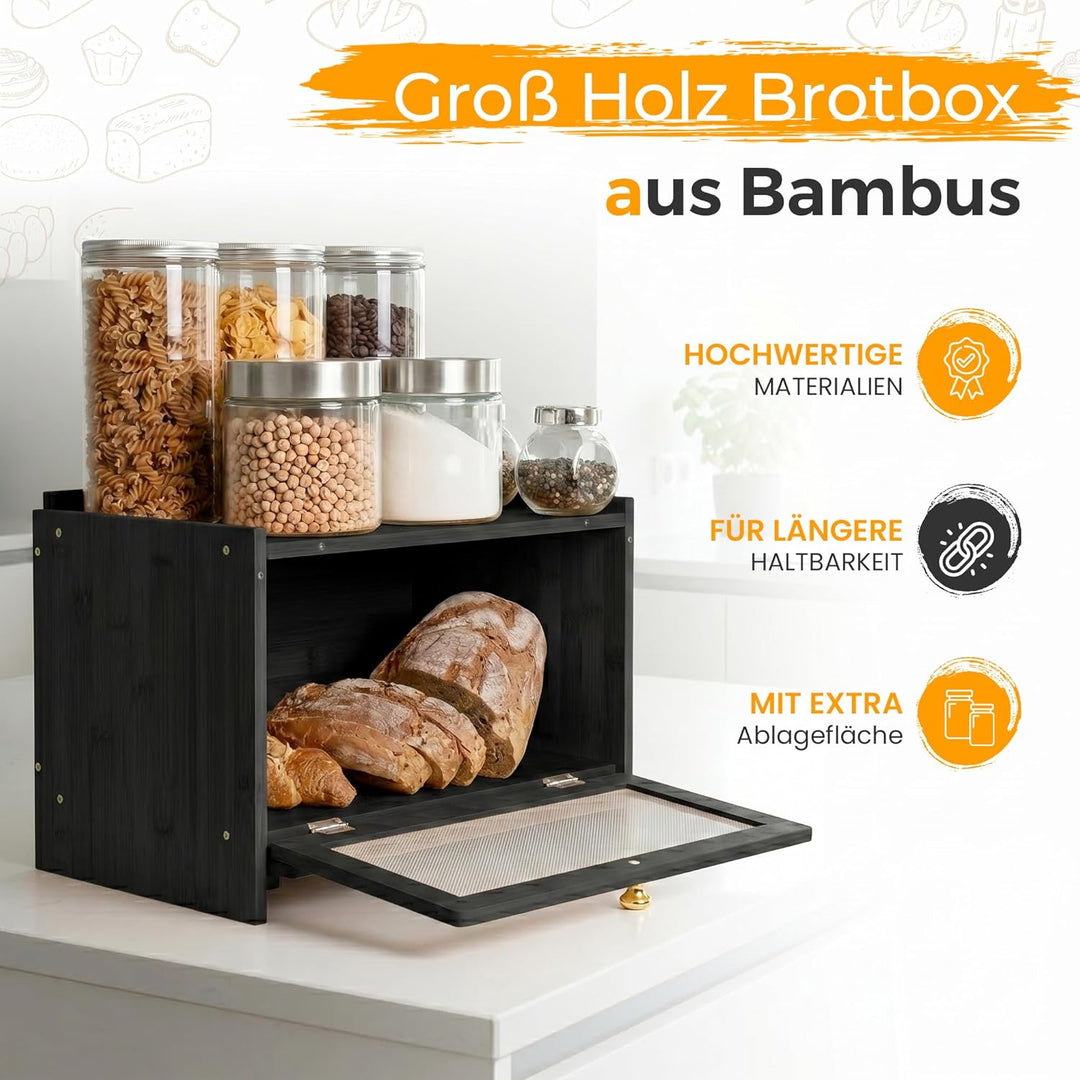 AH® Bambus Brotkasten holz mit Schneidebrett, Holz Brotkästen mit Belüftung- Elegant brotbox küche z