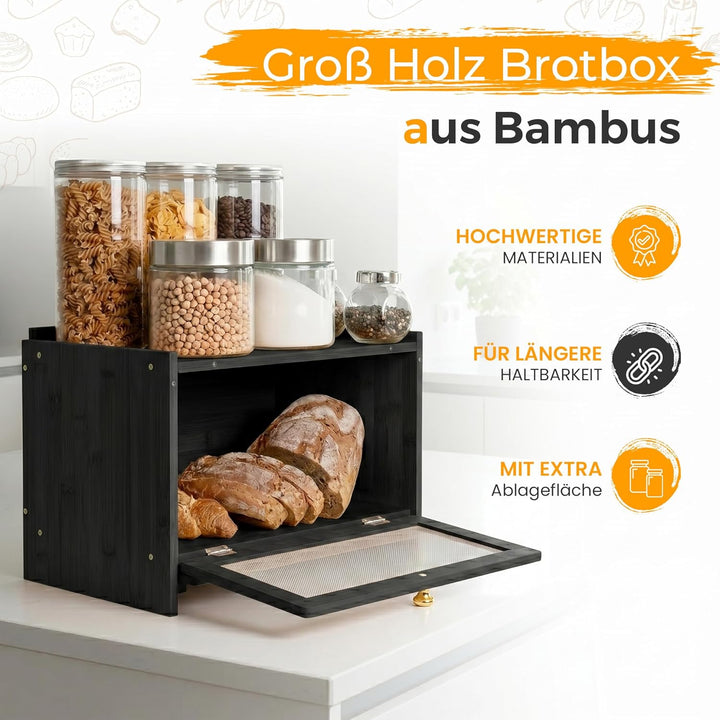 AH® Bambus Brotkasten holz mit Schneidebrett, Holz Brotkästen mit Belüftung- Elegant brotbox küche z