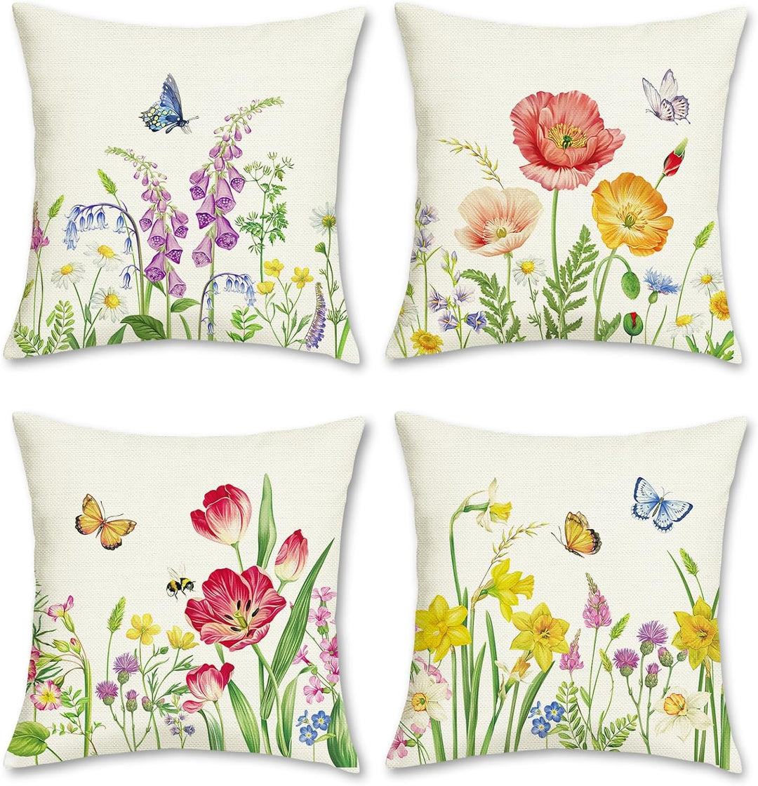Bonhause 4er Set Kissenbezüge Blumen 45 x 45 cm Blume Garten Schmetterlinge Polyester Leinen Dekorat