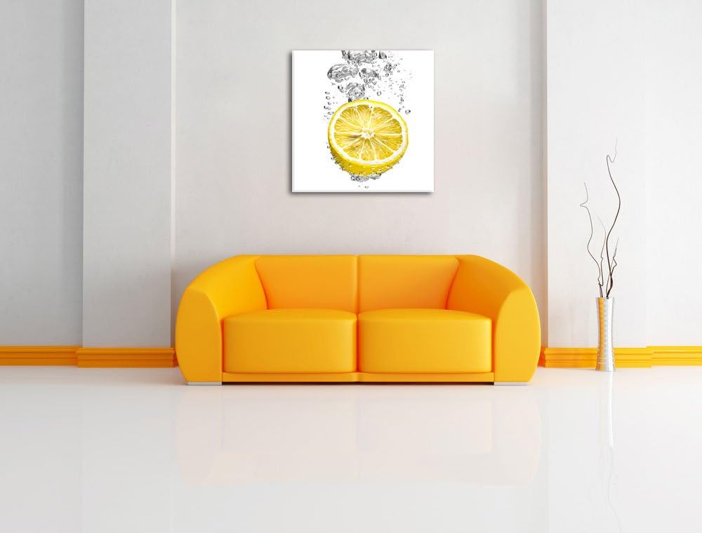 Pixxprint ins Wasser gefallene Zitrone als Leinwandbild Quadratisch/Grösse: 70x70 / Wandbild/Kunstdr