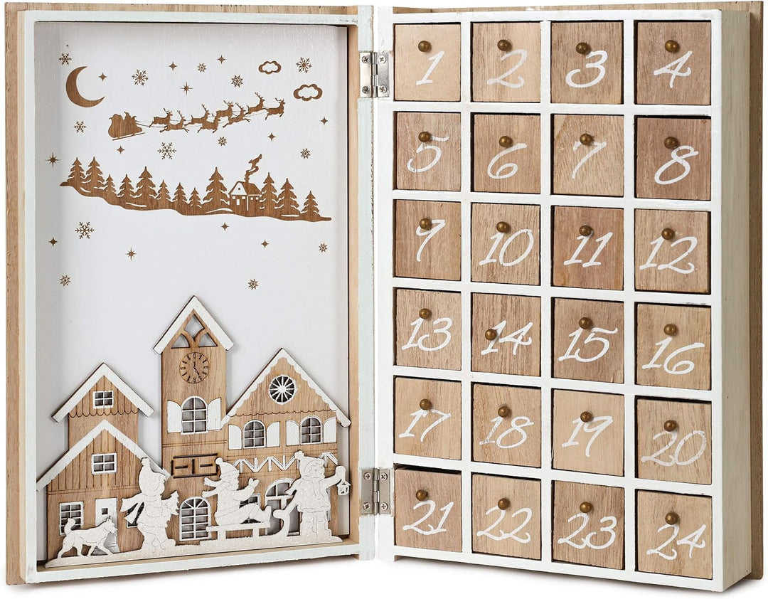 BRUBAKER Adventskalender aus Holz zum Befüllen - Merry Christmas Buch - Wiederverwendbarer DIY Weihn