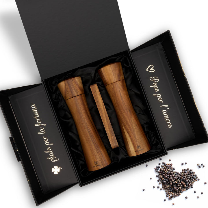 BUTLERBELL® Salz und Pfeffermühle Holz inkl. Untersetzer in Luxus Geschenkbox ideal als Hochzeitsges