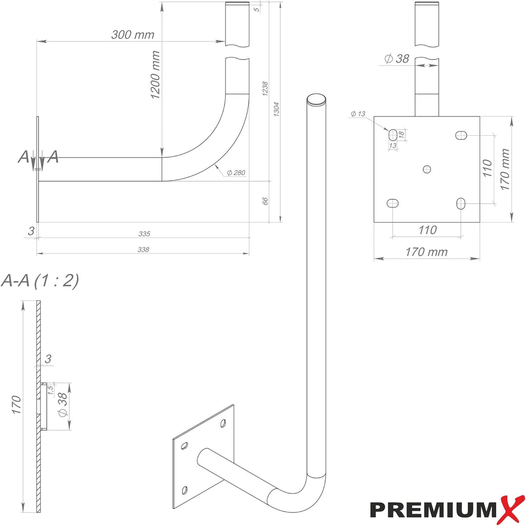 Premium X 30cm Wandhalter 120cm Mast Stahl verzinkt Ø 38mm Wand-Halterung extra lang Länge 30cm / Hö