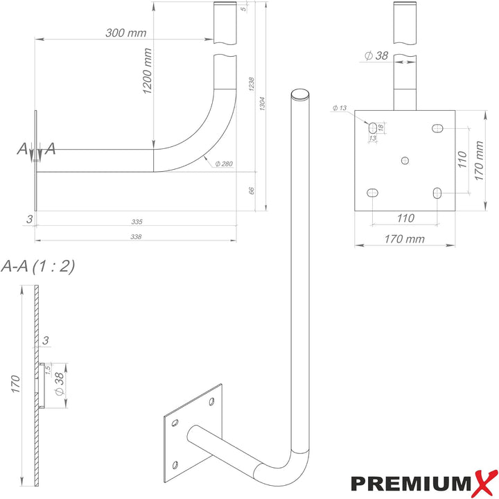 Premium X 30cm Wandhalter 120cm Mast Stahl verzinkt Ø 38mm Wand-Halterung extra lang Länge 30cm / Hö