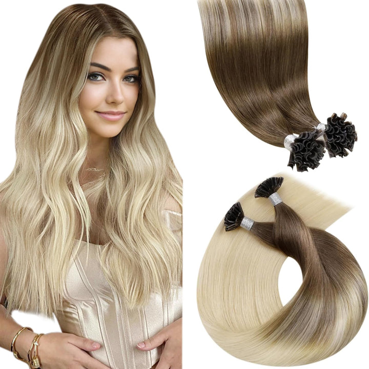 LaaVoo U Tips Extensions Balayage Hellbraun mit Hellblond 