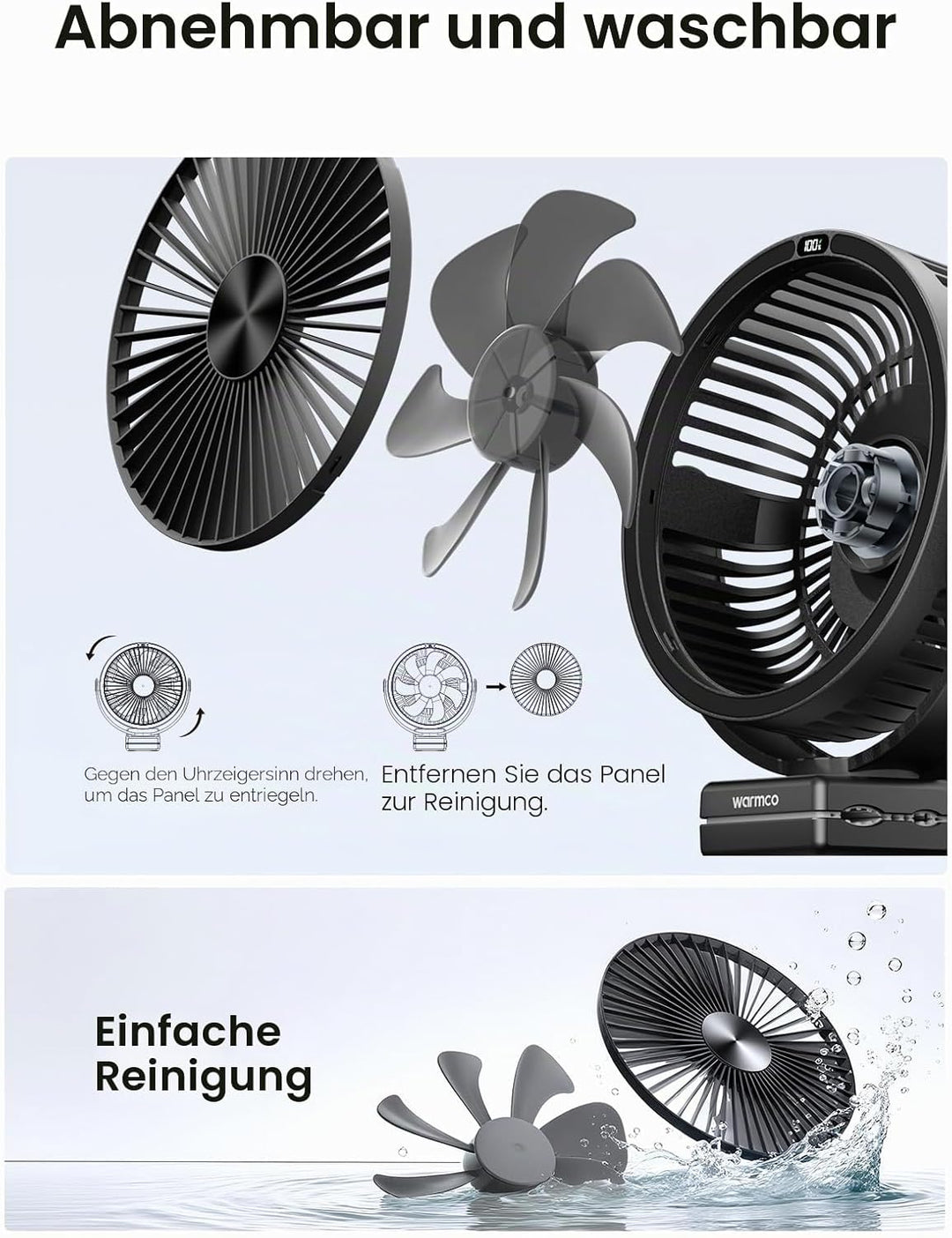 Warmco Tragbarer Tischventilator mit 10000 mAh, 720° Drehung & 3-in-1-Montage – 4 Geschwindigkeitsst