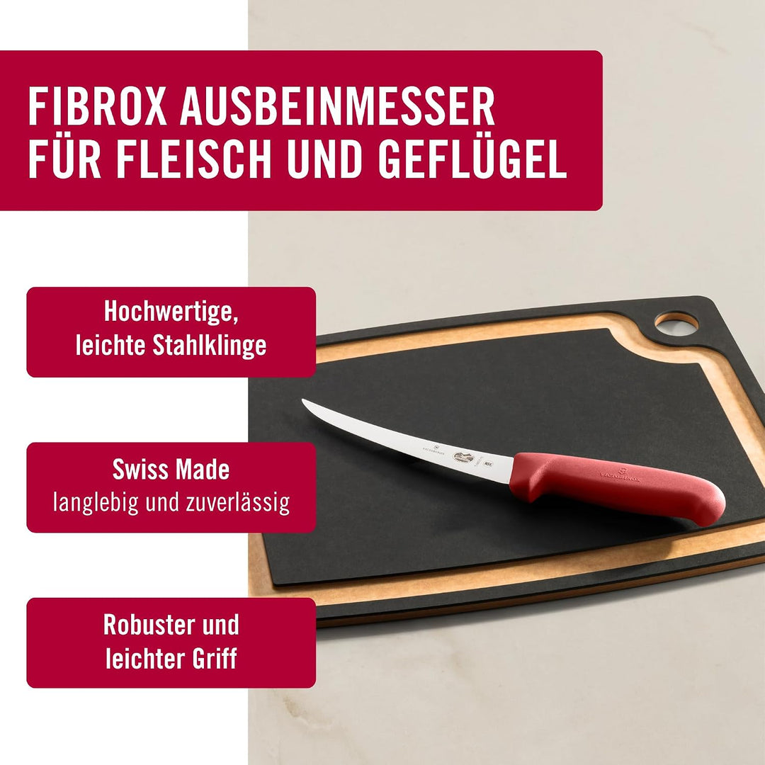 Victorinox Fibrox Ausbeinmesser, Scharfes Küchenmesser für Fleisch und Fisch, 15 cm, Gebogene Klinge