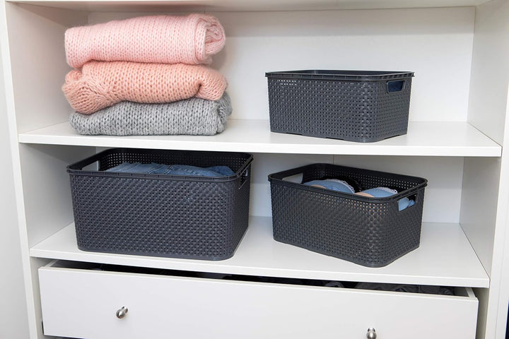 BranQ - Home essential Korb in Rattan Design 3er Set Grösse M 10l, Kunststoff PP, Anthrazit 10 l Ant