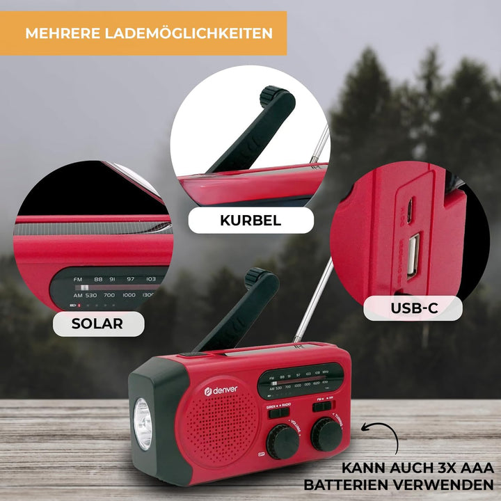 Denver SCR-2010MK2 Kurbelradio Notfallradio Solar – AM/FM Weltempfänger mit Handkurbel - Solarpanel