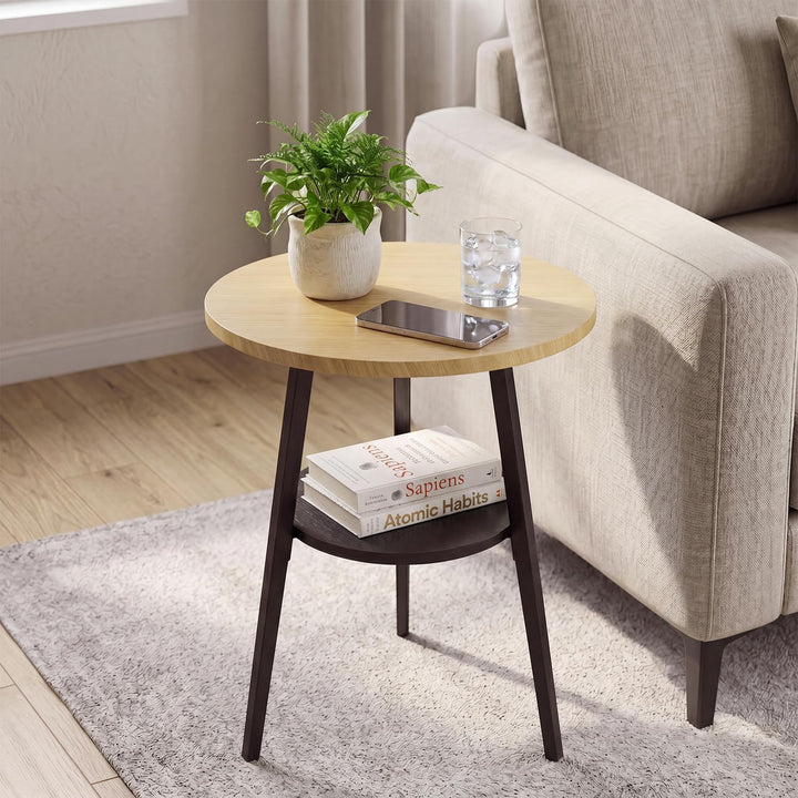Beistelltisch Rund, Couchtisch Klein mit 2 Etagen, Runder Holz Beistelltisch im Vintage Stil, Eiche