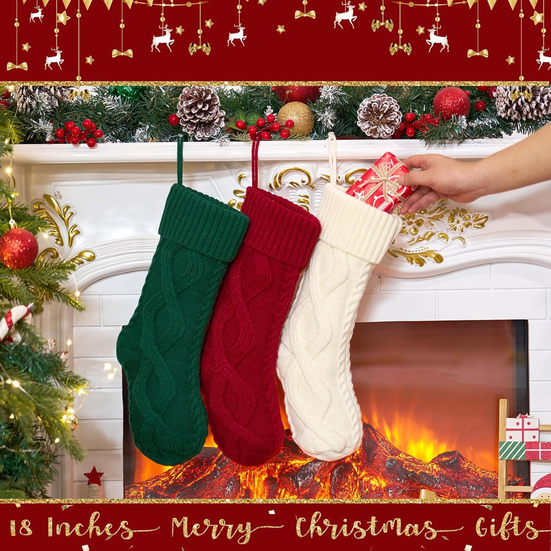 Weihnachtsstrümpfe, 4 Stück, gestrickt, Burgunderrot, Grün, Familien-Ornament, Strümpfe, Kamin, Weih