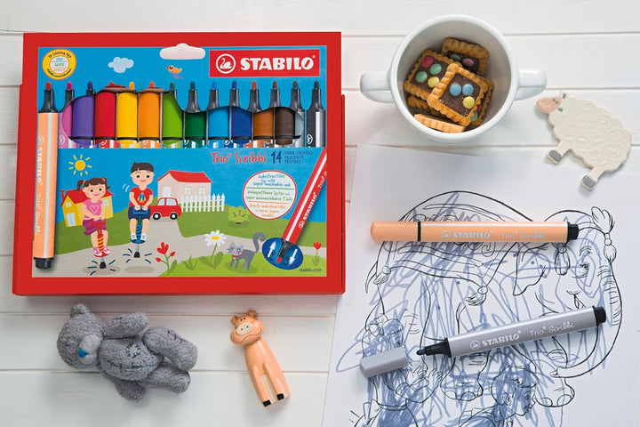Gefederter Dreikant-Filzstift - STABILO Trio Scribbi - 14er Pack - mit 14 verschiedenen Farben, 14er