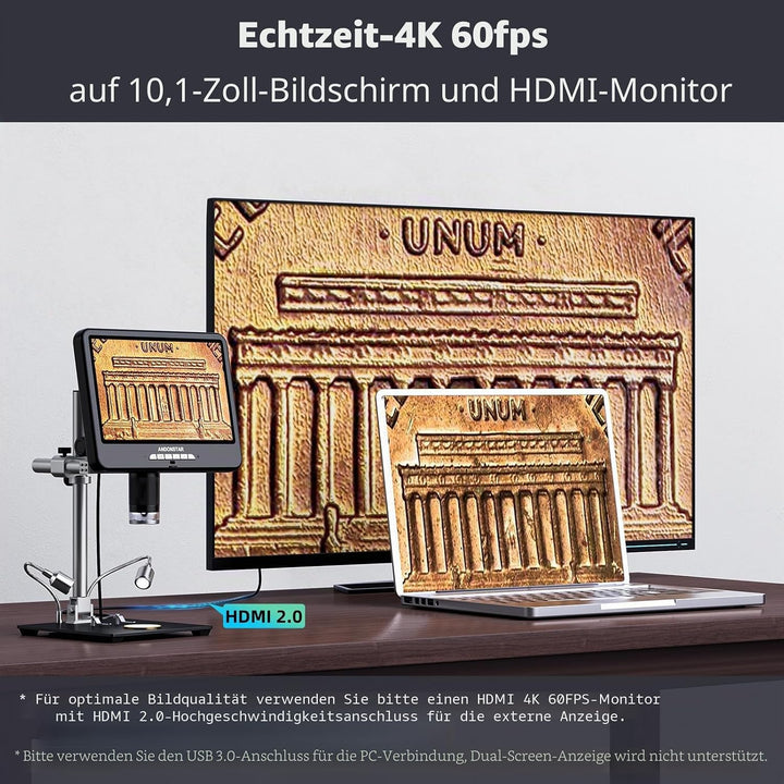 Andonstar 4K 60FPS 10,1 Zoll HDMI Digitalmikroskop zum Löten, 64MP 3840P UHD Video Audio Aufnahme, A