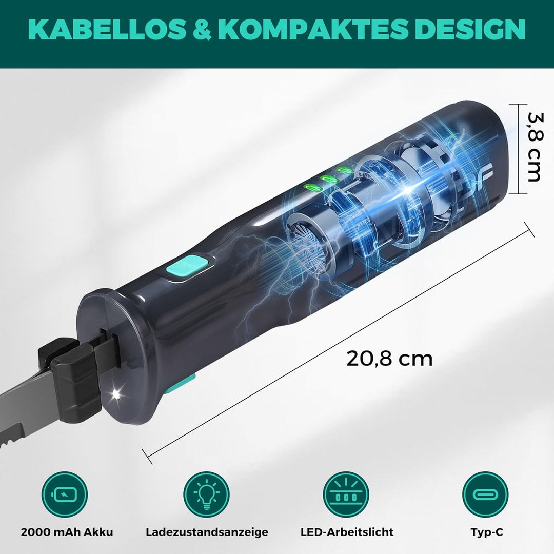 HAUSHOF Elektromesser, Kabelloses Küchenmesser mit 2 Edelstahlklingen, Elektrisches Messer mit Gabel