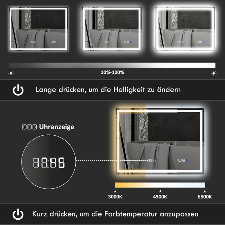 HOMCOM Badspiegel mit Beleuchtung 100x80 cm LED Spiegel Wandspiegel mit Bluetooth-Musikfunktion Memo