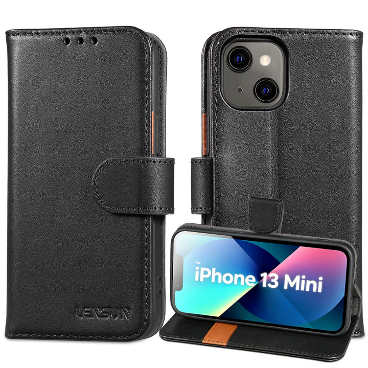LENSUN Echtleder Hülle für iPhone 13 Mini, Handyhülle [Echtes Leder][Magnetverschluss][RFID Schutz]