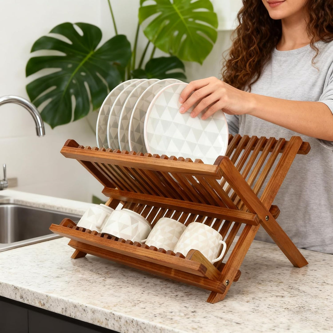 Utoplike Collapsible Teak Geschirrständer Stand Abtropffläche, 2 Etagen Geschirrständer mit Tassenha