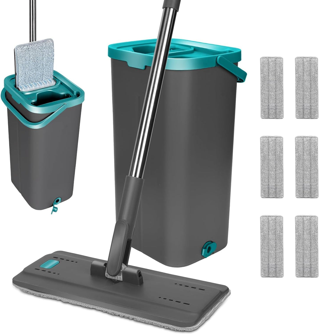 Masthome Wischmopp Set mit Eimer, Putzeimer mit Flachmopp und 6 Mikrofaser Wischpads, Edelstahl Grif