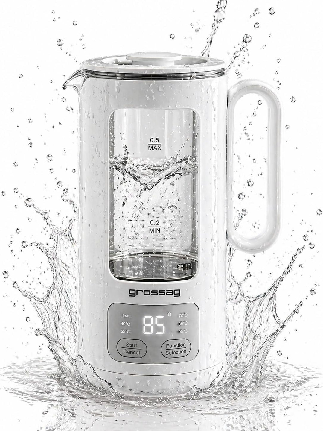 grossag Glas-Wasserkocher WK 8.00 mit Glas-Topf 0,5 Liter, BPA frei für Tee und Babynahrung White, W