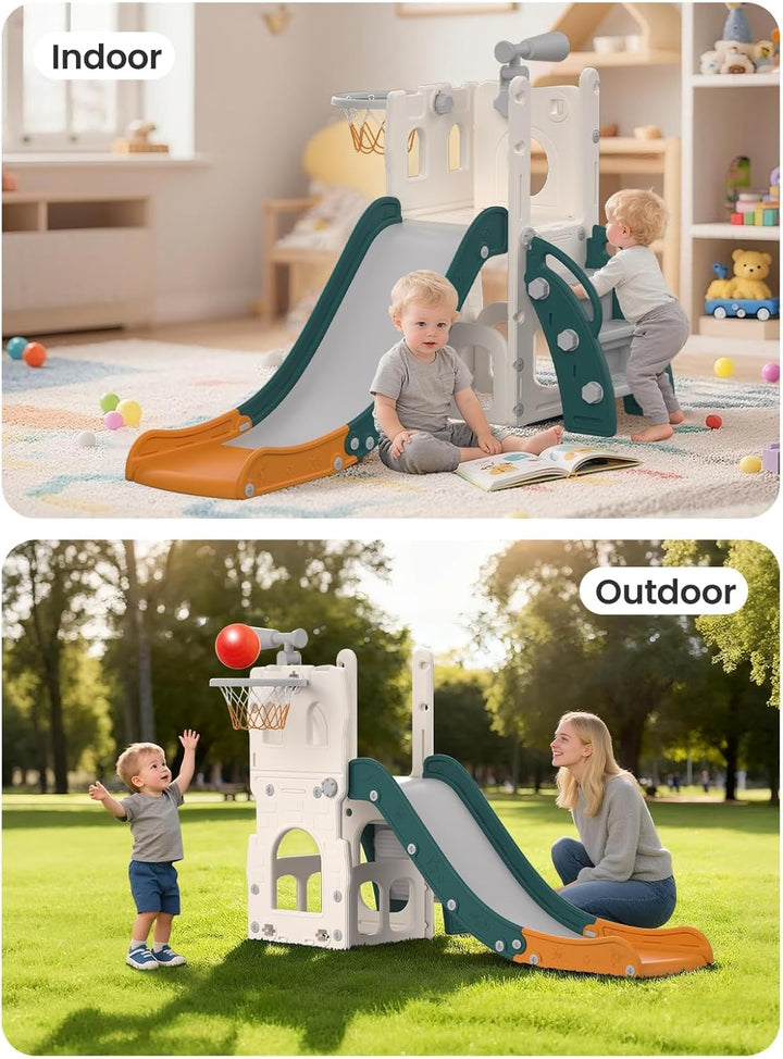 Rutsche für Kleinkinder mit Basketballkorb, Ball &amp; Spielzeug-Teleskop, Indoor &amp; Outdoor Spielplatz S