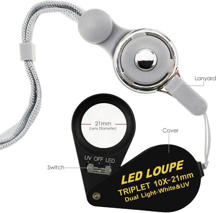 10x21mm Lupe Juwelier Lupe LED UV-Licht Triplet Objektiv Vergrösserungsstein Optisches Werkzeug 10-f