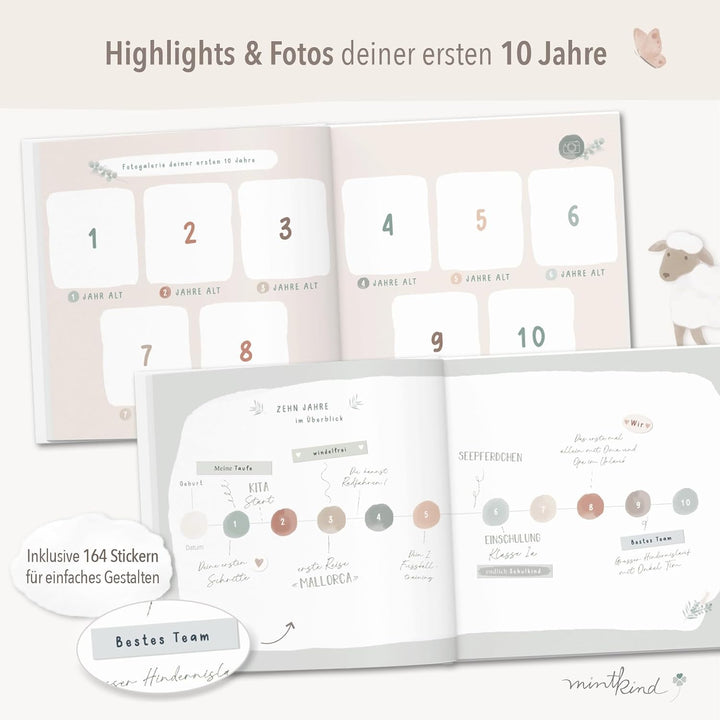 mintkind® "Meine Kindheit" Erinnerungsalbum Beige + Sticker Set I deine ersten 10 Jahre I Fotoalbum