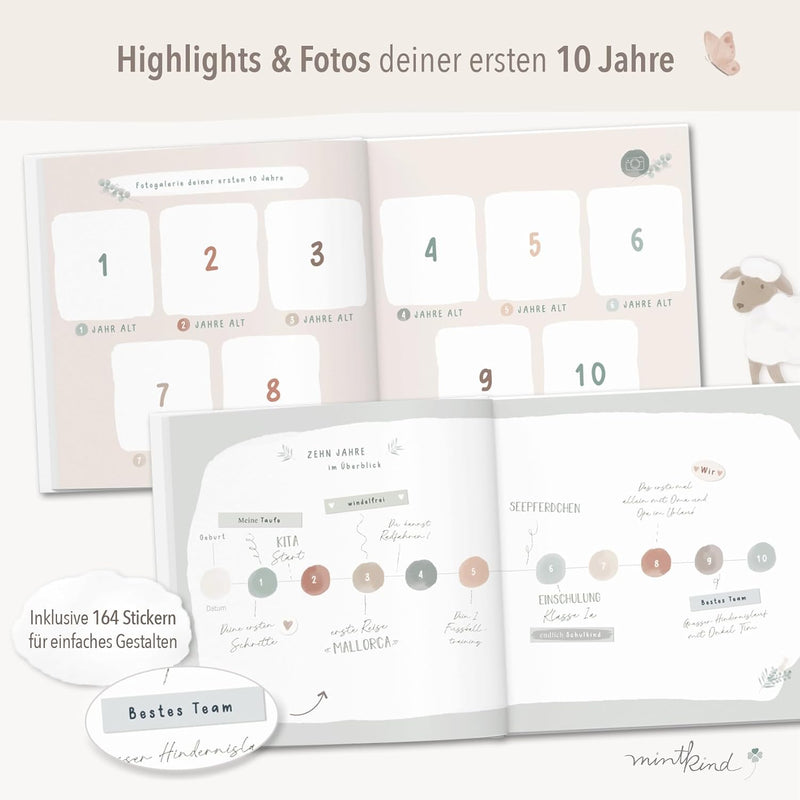mintkind® "Meine Kindheit" Erinnerungsalbum Beige + Sticker Set I deine ersten 10 Jahre I Fotoalbum